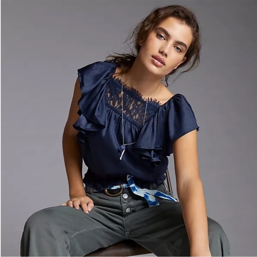 Anthropologie Gathered Blue Lace Blouse Size Small NWT - Picture 3 of 7